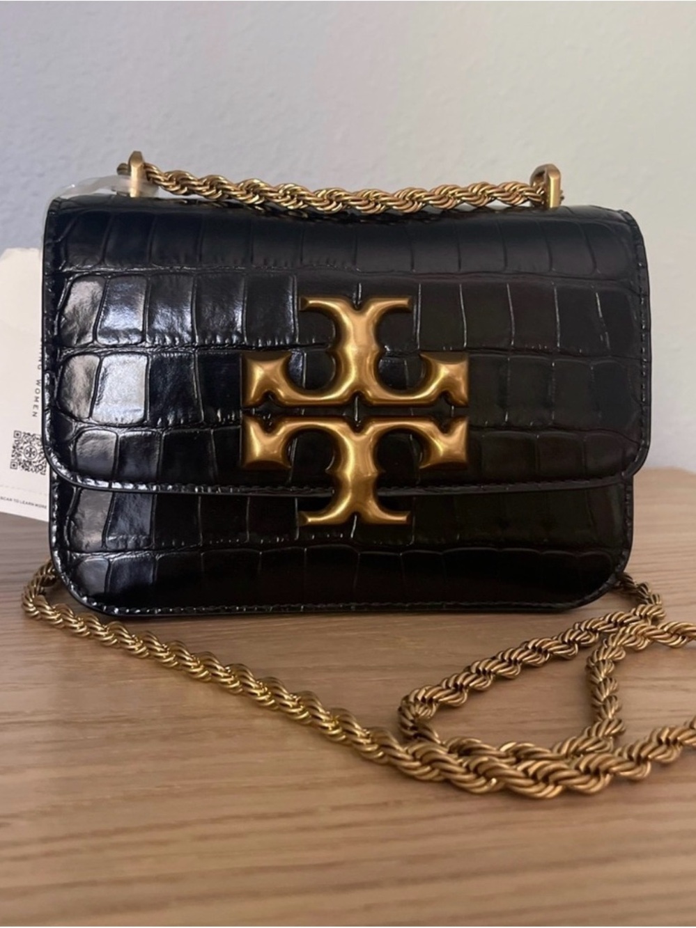 NEW WITH BOX Tory Burch Black Croc-Embossed Mini Shoulder Bag with Gold Logo